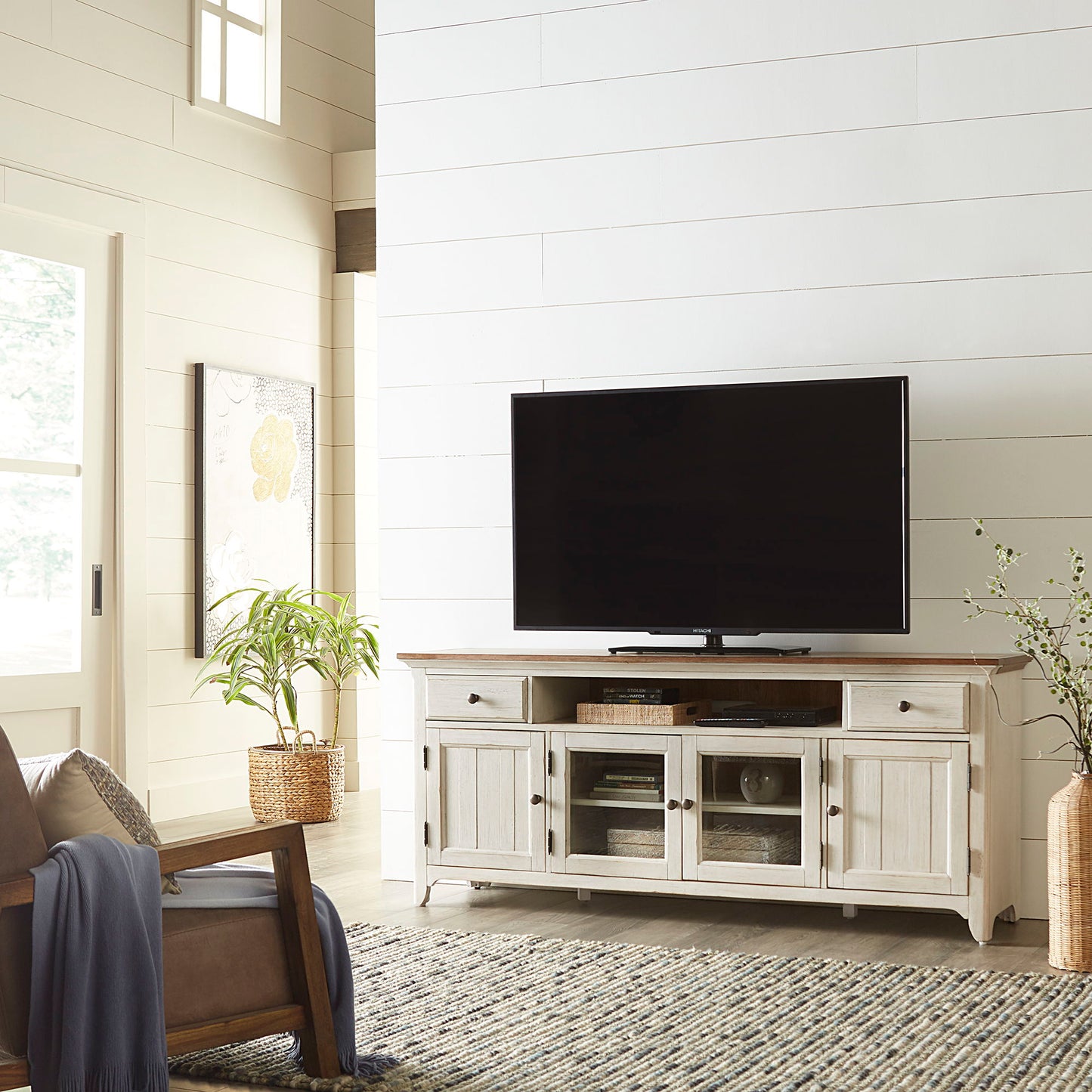 Farmhouse Reimagined - Entertainment 72" TV Stand - Antique White / Chestnut Tops