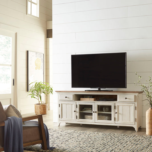 Farmhouse Reimagined - Entertainment 72" TV Stand - Antique White / Chestnut Tops