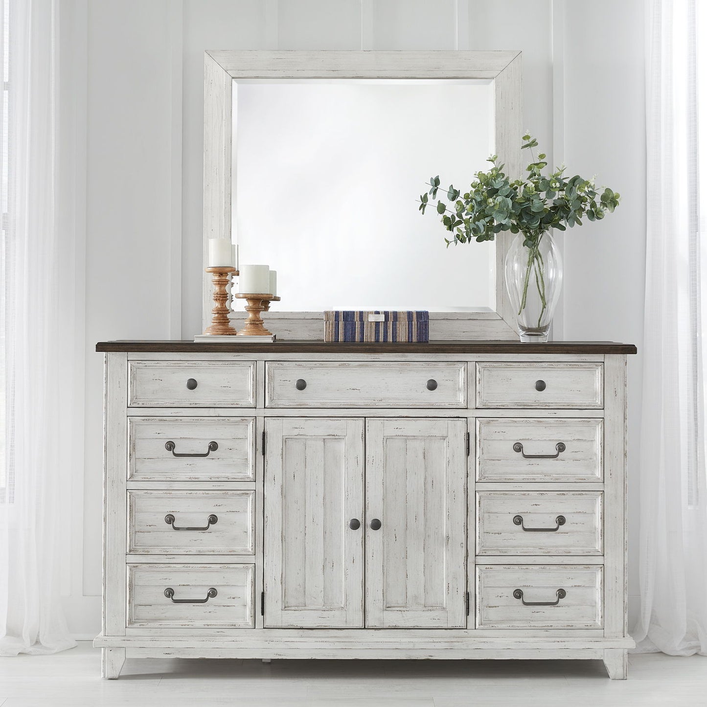 River Place - Dresser & Mirror - Riverstone White & Tobacco
