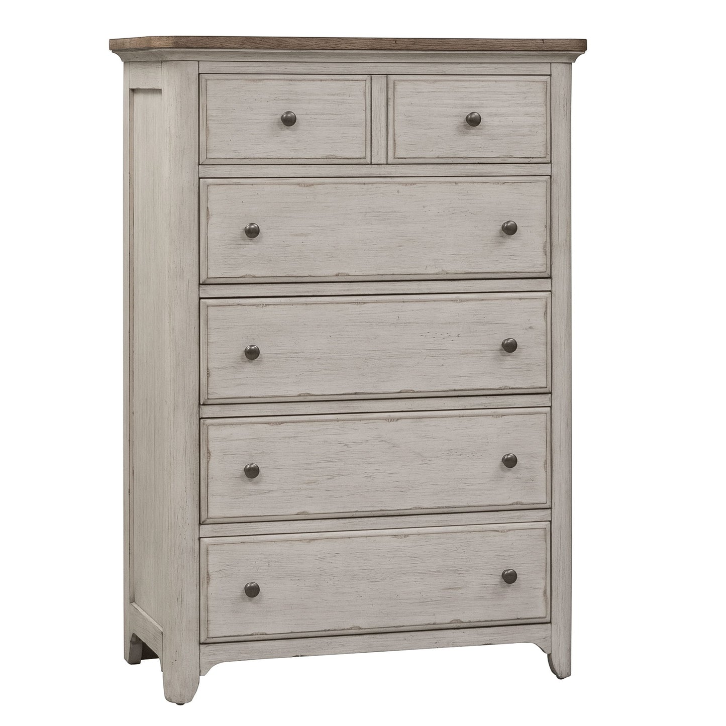 Farmhouse Reimagined - 5 Drawer Chest - Antique White / Chestnut Tops