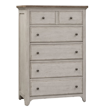 Farmhouse Reimagined - 5 Drawer Chest - Antique White / Chestnut Tops
