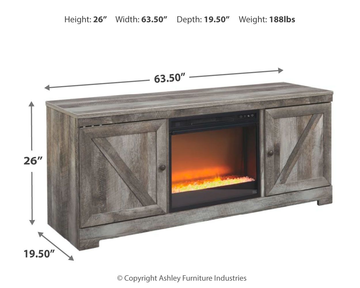 Wynnlow - 63" TV Stand With Glass/Stone Fireplace Insert - Gray