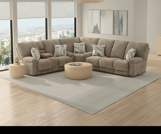 Beacon - Lay Flat Triple Recliner With DropDown Table / Storage Arm / Extended Ottoman - Mushroom