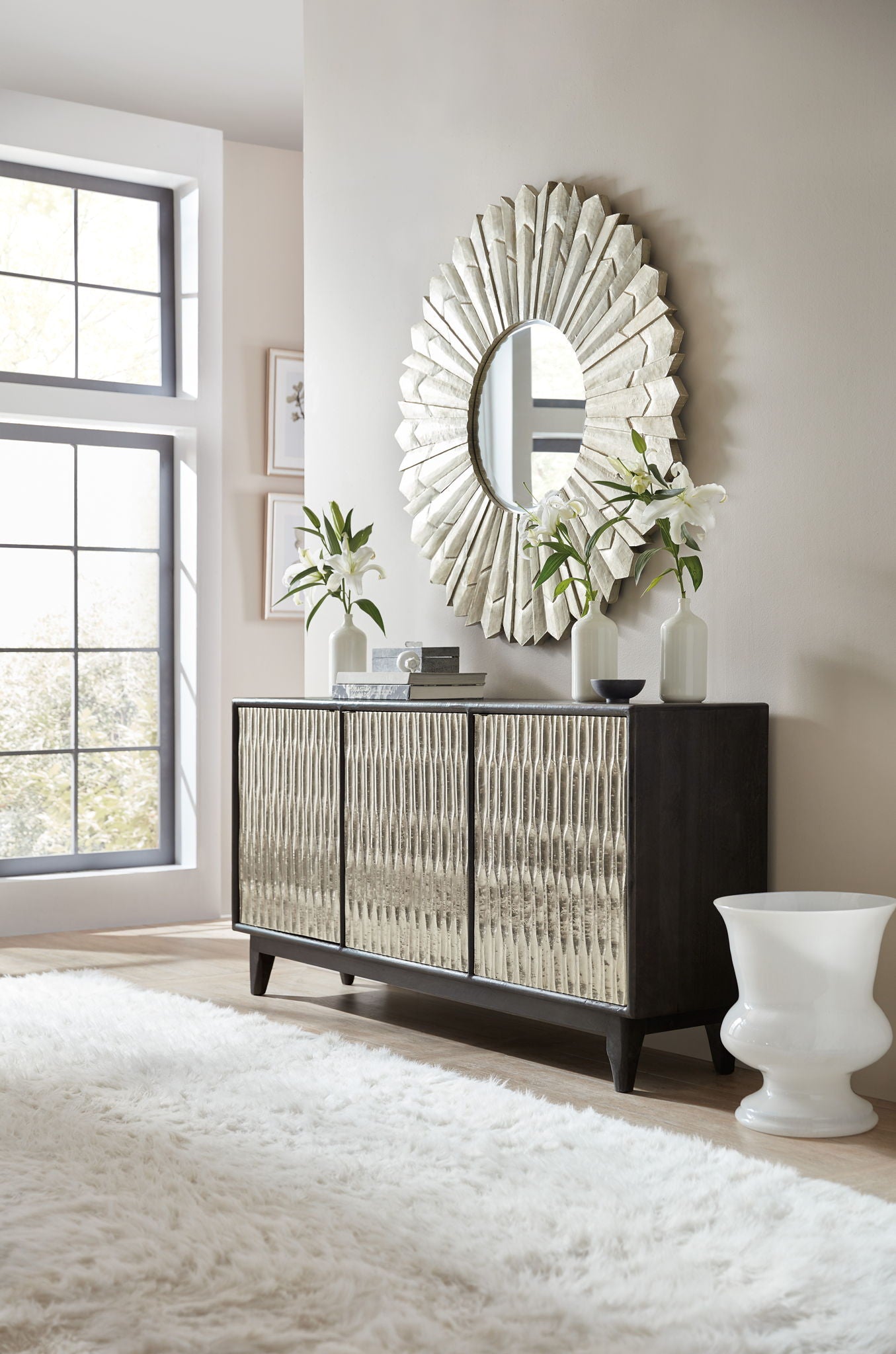 Home Accent - Shimmer 3-Door Credenza - Dark Gray / Pearl Silver