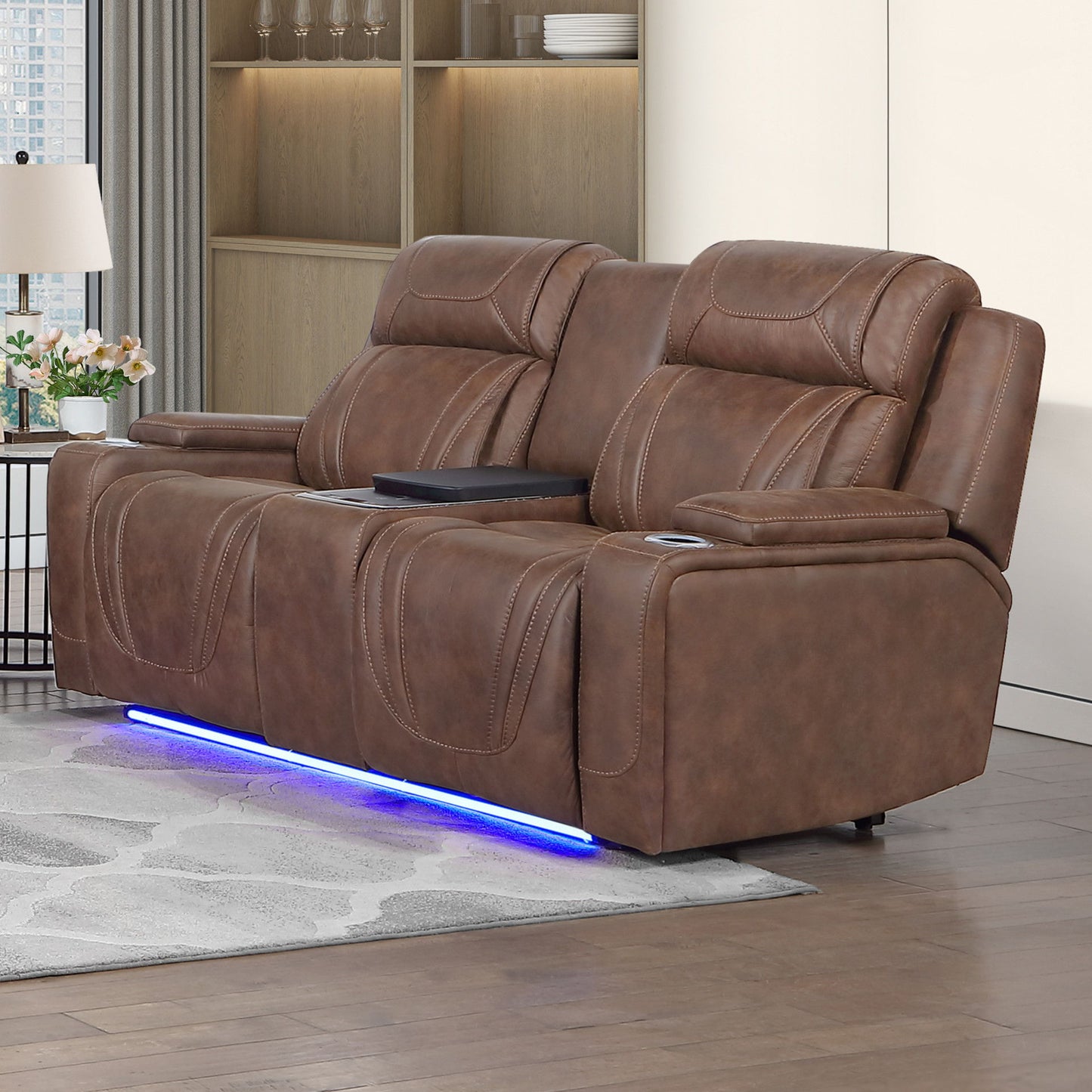 Carrow - Loveseat With Power Headrest, Footrest & Cooler, Massage, Stereo - Brown