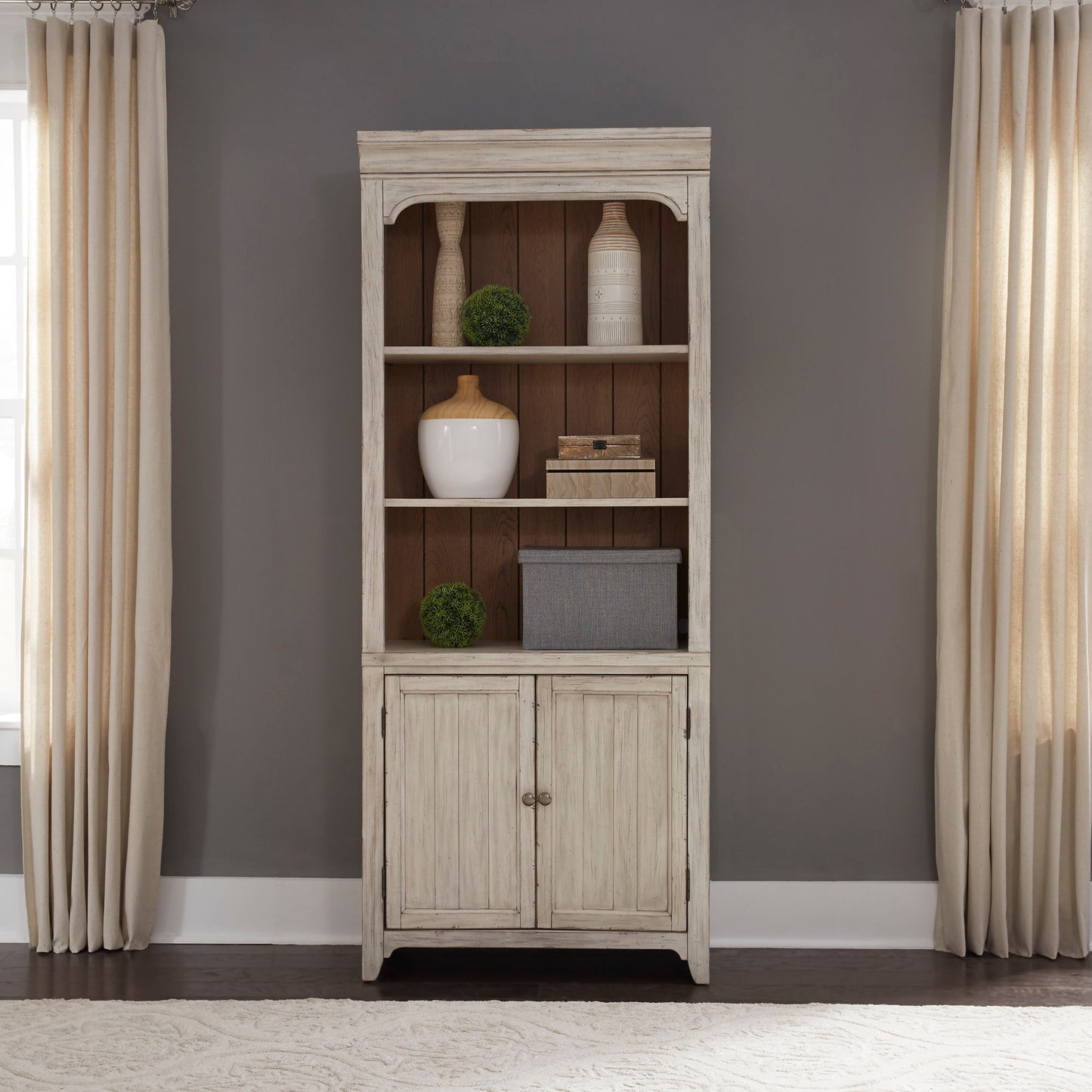 Farmhouse Reimagined - Bookcase - Antique White / Chestnut Tops