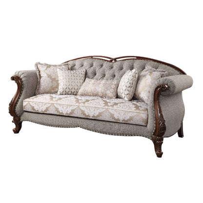 Miyeon - Sofa With 5 Pillows - Fabric & Cherry
