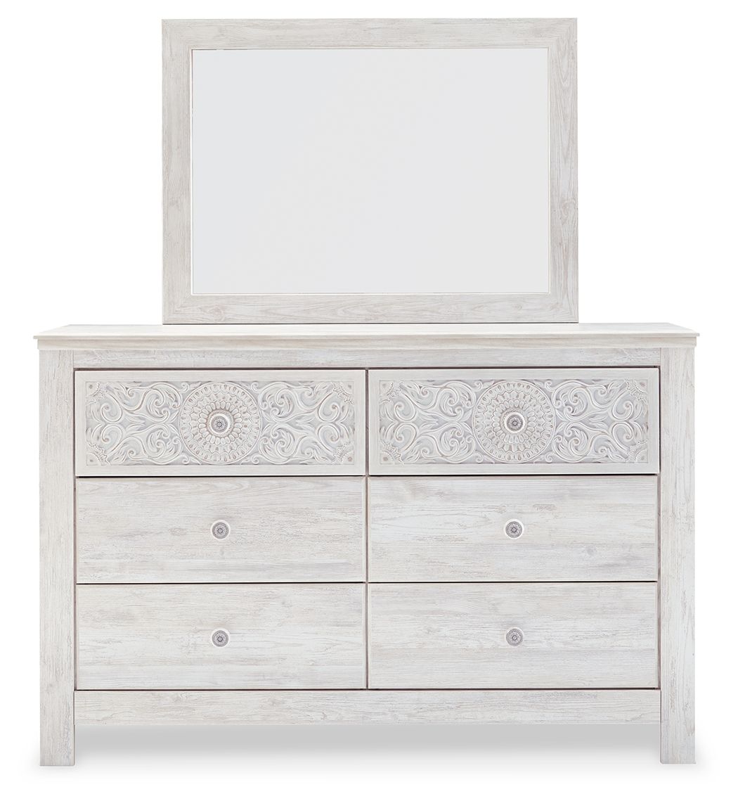 Paxberry - Dresser, Mirror - Medallion Drawer Pulls - Whitewash