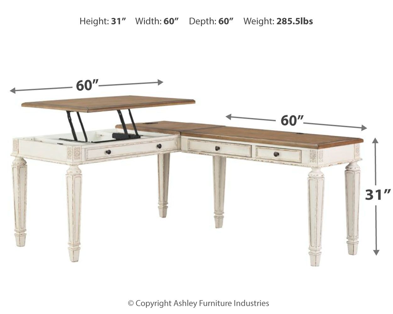 Realyn - L Shaped Desk With Lift Top - White / Brown