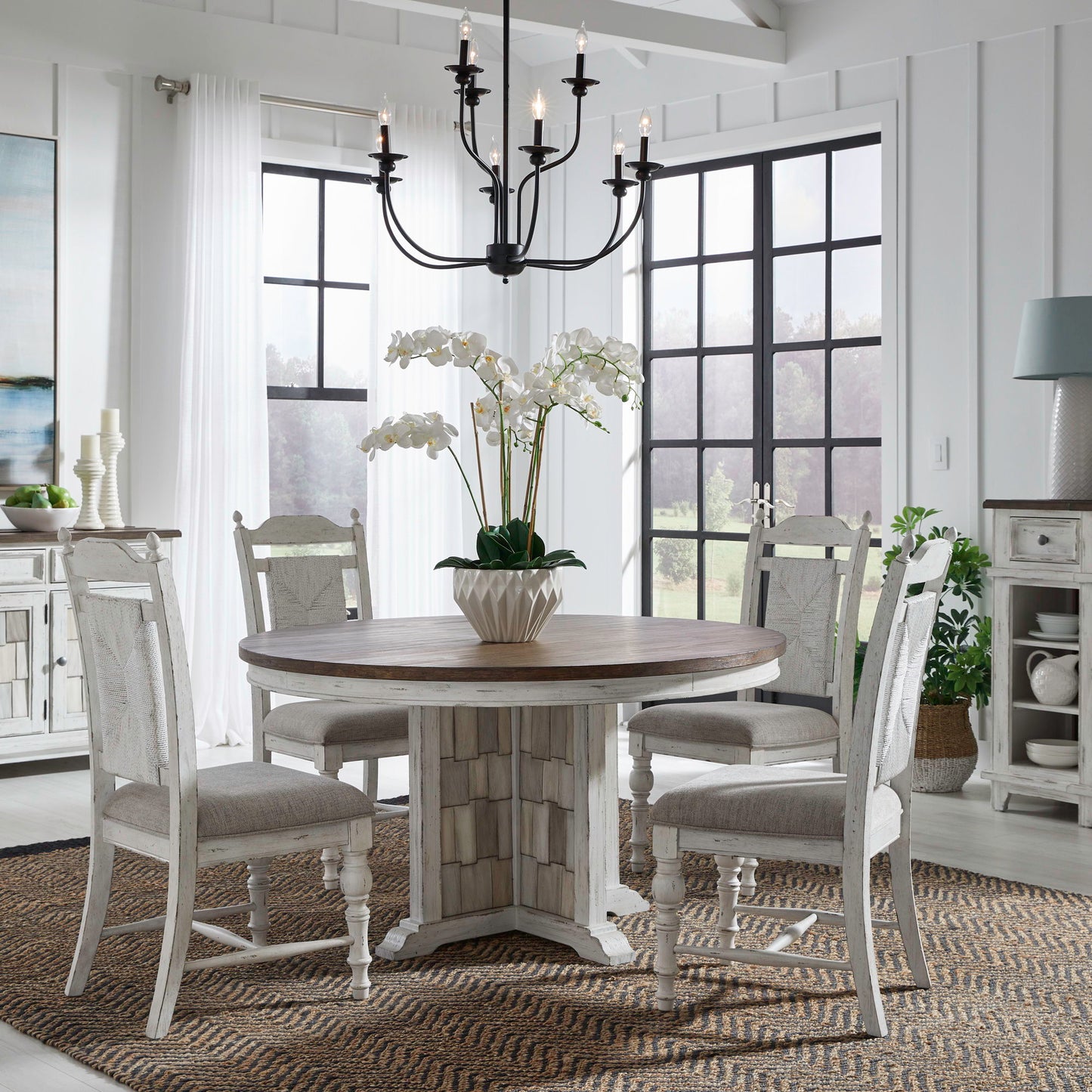River Place - 5 Piece Pedestal Table Set - Riverstone White & Tobacco