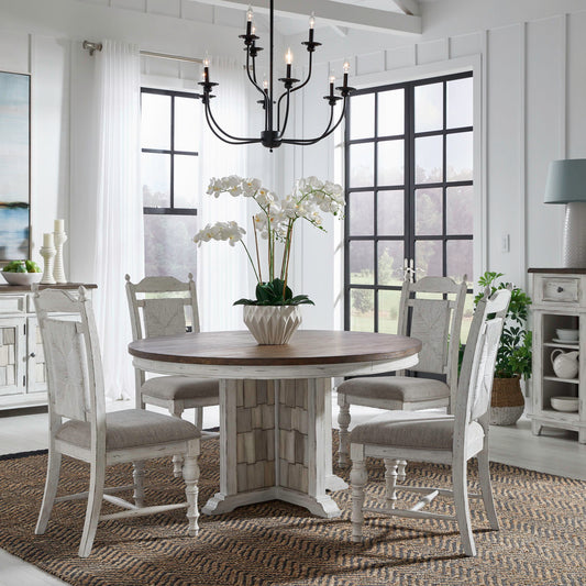 River Place - 5 Piece Pedestal Table Set - Riverstone White & Tobacco