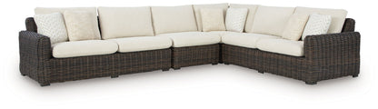 Kimora - 7 Pc. - 4-Piece Outdoor Sectional, Swivel Glider Lounge, Cocktail Table, End Table - Beige / Dark Brown